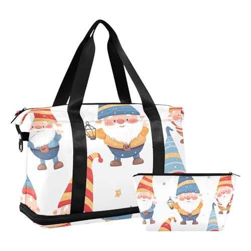 Quteprint Wasserdichter Sport-Turnbeutel – Weihnachts-Cartoon-Zwergen-Muster, große Kapazität, Seesack mit Trocken-Nassfach und Schuhaufbewahrung, Yoga-Schwimm-Reisetasche für Workout, Fitness von Quteprint