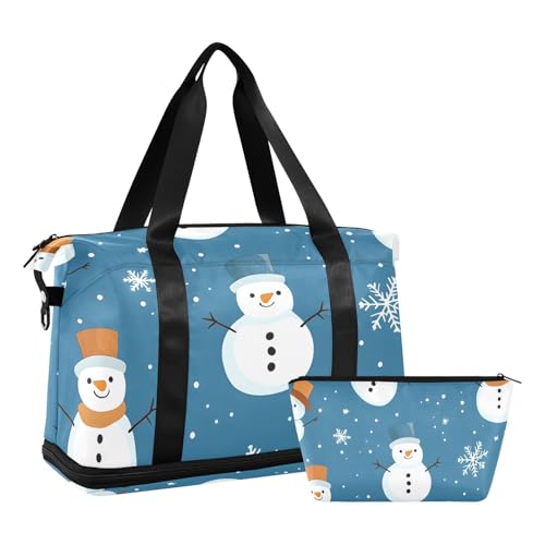 Quteprint Wasserdichter Sport-Turnbeutel – Weihnachts-Schneemann-Schneeflocken-Muster, große Kapazität, Seesack mit Fach für Trocken- und Nassfutter, Schuhaufbewahrung, Yoga, Schwimmen, Reisetasche von Quteprint
