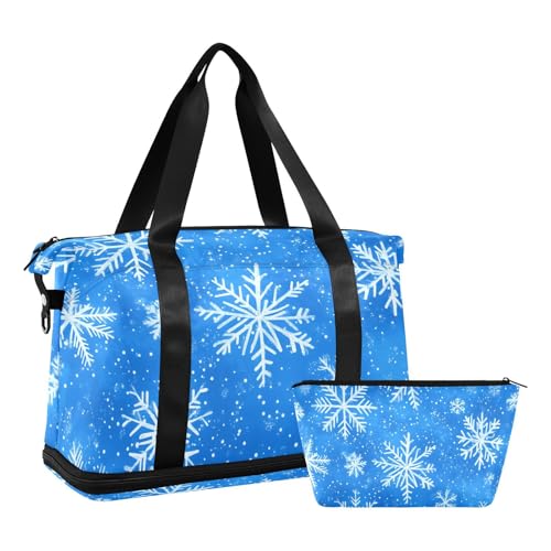 Quteprint Wasserdichter Sport-Turnbeutel – Weihnachts-blau-weiße Schneeflocken-Muster, große Kapazität, Seesack mit Trocken-Nassfach und Schuhaufbewahrung, Yoga, Schwimmen, Reisetasche, für Workout von Quteprint