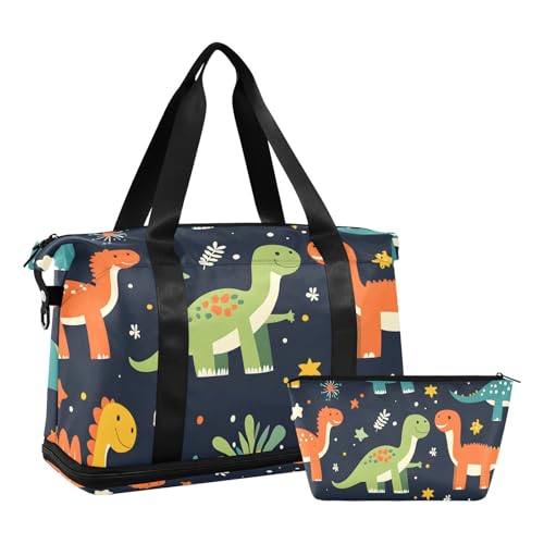 Quteprint Wasserdichter Sport-Turnbeutel – bunte Dinosaurier-Dino-Reisetasche mit großem Fassungsvermögen und Fach für trockene Nässe und Schuhaufbewahrung, Yoga, Schwimmen, Reisetasche für Workout von Quteprint