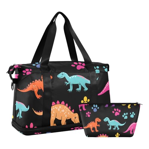 Quteprint Wasserdichter Sport-Turnbeutel – bunte Dinosaurier-Pfotenabdruck-große Kapazität, Seesack mit Fach für Trocken- und Nassfutter und Schuhaufbewahrung, Yoga, Schwimmen, Reisetasche für Workout von Quteprint