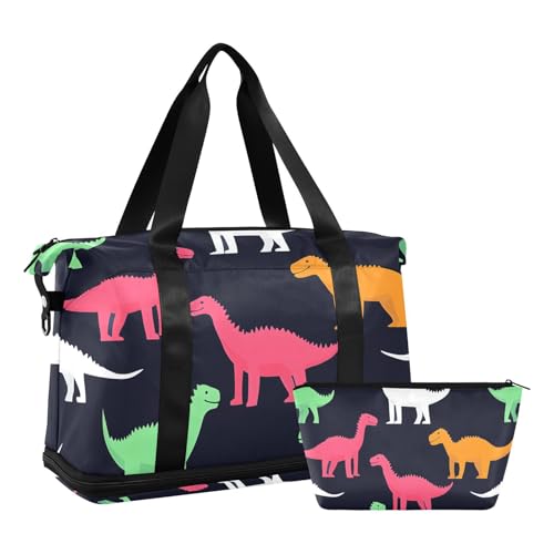 Quteprint Wasserdichter Sport-Turnbeutel – buntes Dinosaurier-Tiermuster, großes Fassungsvermögen, Seesack mit Fach für trockene Nässe und Schuhe, Yoga, Schwimmen, Reisen, für Workout, Fitness von Quteprint