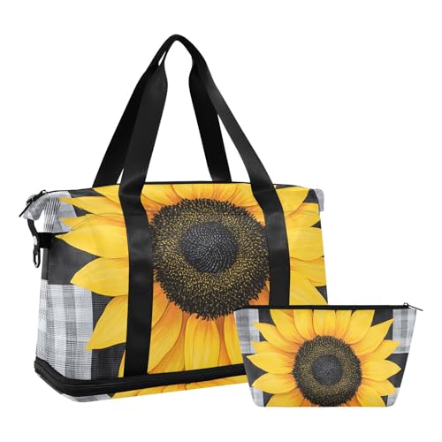 Quteprint Wasserdichter Sport-Turnbeutel – karierter Sonnenblumen-Druck, großes Fassungsvermögen, Seesack mit Fach für trockene Nässe und Schuhe, Yoga, Schwimmen, Reisen, für Workout, Fitness von Quteprint