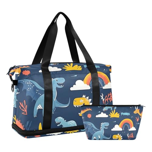 Quteprint Wasserdichter Sport-Turnbeutel – niedliche Cartoon-Dinosaurier, großes Fassungsvermögen, Seesack mit Fach für trockene Nässe und Schuhe, Yoga, Schwimmen, Reisen, für Workout, Fitness von Quteprint