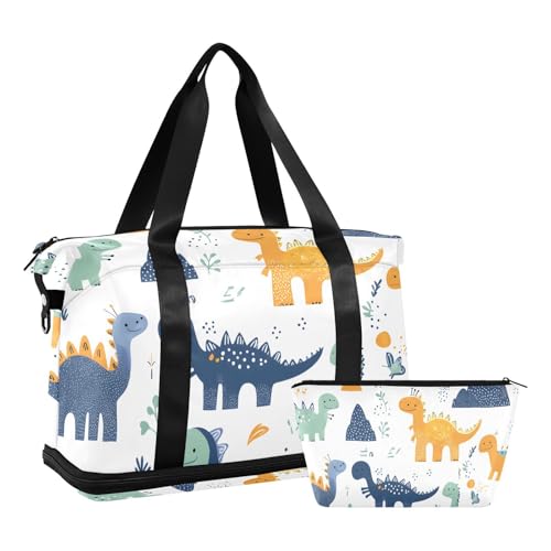 Quteprint Wasserdichter Sport-Turnbeutel – niedliche Dinosaurier, verspielter Dino, große Kapazität, Seesack mit Trocken-Nassfach und Schuhaufbewahrung, Yoga-Schwimm-Reisetasche, für Workout, Fitness von Quteprint