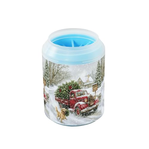 Quteprint Winter Dog Truck Christmas Trees Dog Paw Cleaner Cup - Pet Foot Washer with Soft Silicone Brush, Portable Muddy Paw Cleaner for Small, Medium, Large Breed Dogs & Cats (6.5x6.5x11.5cm) von Quteprint