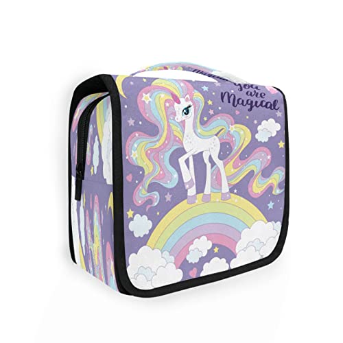 Regenbogenstern Einhorn Tier hängende Kulturtasche für Damen und Herren, tragbare Make-up-Tasche, Organizer, Kosmetiktasche für Geldbörse, Tasche, wasserdichte Reiseutensilien, große Kulturtasche für Kinder und Mädchen, Mehrfarbig, Einheitsgröße von Quteprint