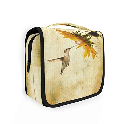 Retro-Kulturbeutel mit Vogel, Kolibri, Sonnenblume, zum Aufhängen, für Damen und Herren, tragbare Make-up-Tasche, Organizer, Kosmetiktasche für Geldbörse, wasserdichte Reiseutensilien, große Kulturtasche für Kinder und Mädchen, Mehrfarbig, Einheitsgröße von Quteprint