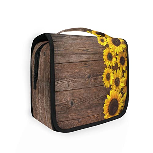 Vintage Sonnenblumen-Holz-Kulturbeutel zum Aufhängen für Damen und Herren, tragbare Make-up-Tasche, Organizer, Kosmetiktasche für Geldbörse, wasserdichte Reiseutensilien, große Kulturtasche für Kinder und Mädchen, Mehrfarbig, Einheitsgröße von Quteprint