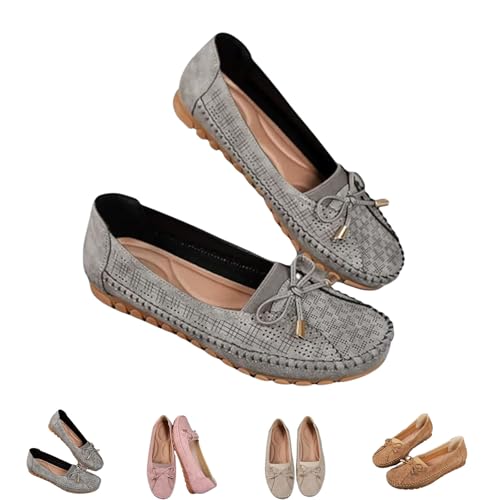 OrthopäDische Lederschuhe Von Curvahouse, Leichte, rutschfeste, Atmungsaktive Sandalen, Elegante Slip-On-Loafer Mit Schleife FüR Damen (40,Grau) von QuyiFa