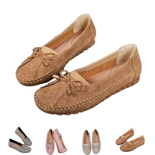 OrthopäDische Lederschuhe Von Curvahouse, Leichte, rutschfeste, Atmungsaktive Sandalen, Elegante Slip-On-Loafer Mit Schleife FüR Damen (40,Khaki) von QuyiFa