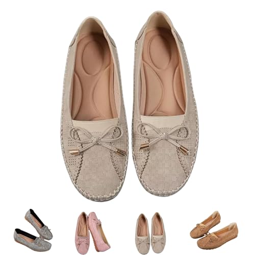 OrthopäDische Lederschuhe Von Curvahouse, Leichte, rutschfeste, Atmungsaktive Sandalen, Elegante Slip-On-Loafer Mit Schleife FüR Damen (42,Beige) von QuyiFa