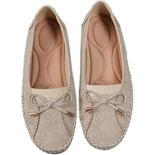 QuyiFa Curvahouse OrthopäDische Lederschuhe, Leichte, rutschfeste Und Atmungsaktive Schuhe FüR Damen, Elegante Slip-On-Loafer Mit Schleife (Beige,37) von QuyiFa