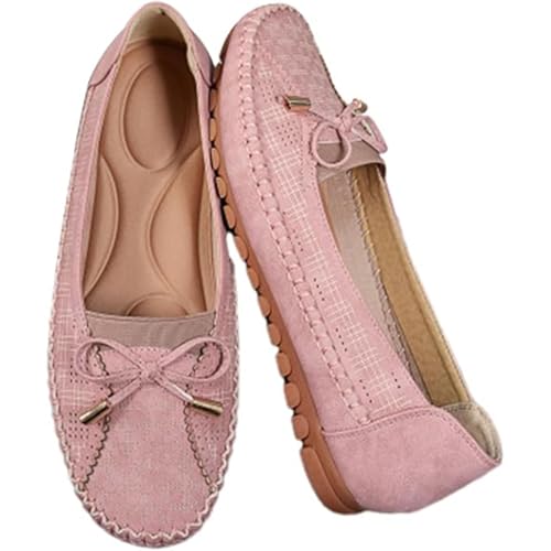 QuyiFa Curvahouse OrthopäDische Lederschuhe, Leichte, rutschfeste Und Atmungsaktive Schuhe FüR Damen, Elegante Slip-On-Loafer Mit Schleife (Rosa,38) von QuyiFa