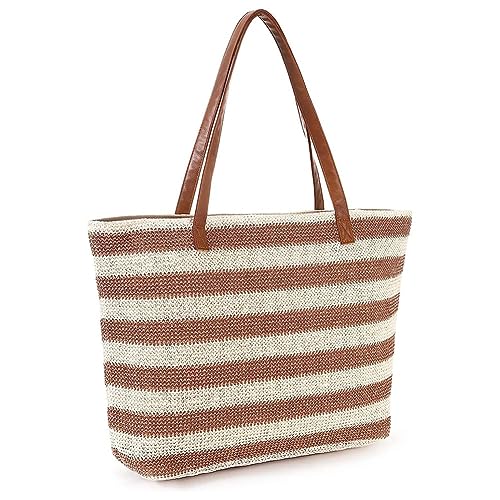 Quystetes Große Strohtasche, Strandtasche, weiche Tragetasche mit Reißverschluss, Strandhandtasche mit Streifen, gewebte Umhängetasche, Khaki von Quystetes