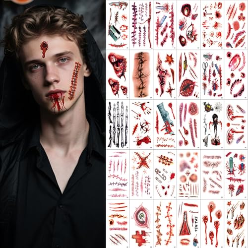 Halloween Tattoos, 30 Blatt Narben Halloween Tattoo, Horror Gesicht Narben Aufkleber, Fake Wunden Vampir Zombie Blutige Horror Tattoo, für Haloween Kostüm Damen Herren Make Up von Quzyllic