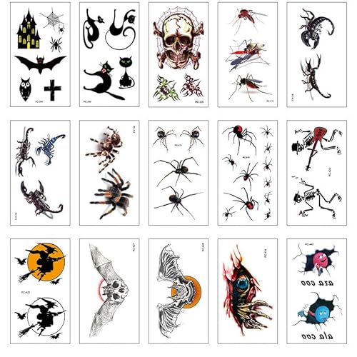 Halloween Tattoos, 10 Blatt Spinnennetz Schädel Fledermaus temporäre Tattoo Aufkleber, für Haloween Kostüm Damen Herren Make Up von Quzyllic