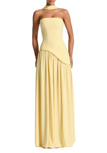 Quzzion Damen Elegant Trägerloses Langes Kleid mit Schal Cocktail Hochzeit Gast Abschlussball Maxikleider mit Schlitz, 01gelb, Klein von Quzzion