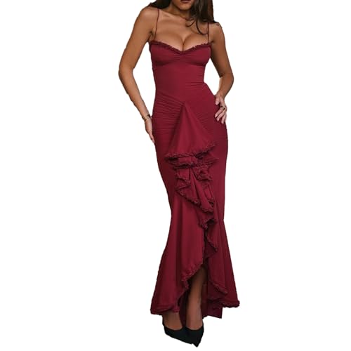 Quzzion Damen Spaghettiträger Maxikleid High Split Rüschen Saum Bodycon Cocktailkleider Abend Party Kleid, 02red, X-Groß von Quzzion