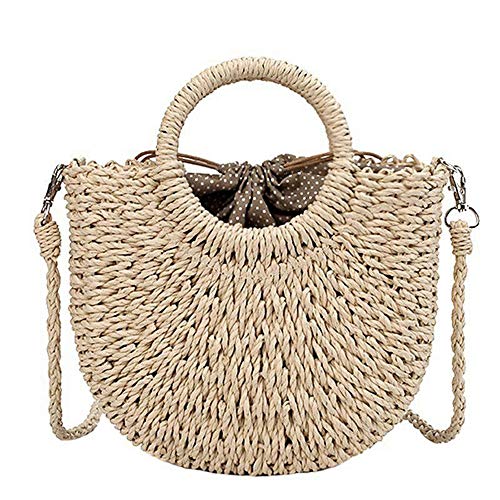 Qwertfeet Stroh gewebte Handtasche aus Rattan gewebt Vintage Stroh Seil gestrickt Frauen Schultergurt Handtasche mit Ring Sommer Frische Tasche Beige, beige, 23 * 20 * 8.5cm von Qwertfeet