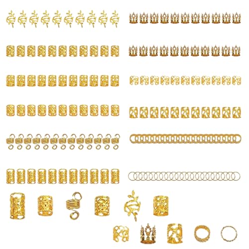 Qwrqwr 220 Stück Gold-Haarschmuck Goldene Haarspiralen Manschetten und Clips für Zöpfe Braids und Anhänger Loc Schmuck für Haar-Dreadlock Verstellbarer Haarschmuck für Damen und Herren von Qwrqwr
