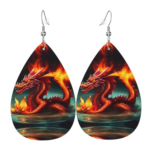 Drachenkönig im Feuer tropfenförmige Lederohrringe Kleidungsdekoration, geeignet für Festivalpartys, Feiertage und das tägliche Leben von Qwvbn