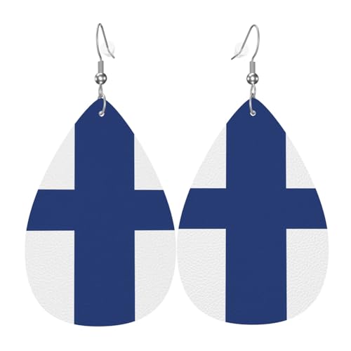 Finnische Flagge Teardrop-förmige Lederohrringe, Kleidungsdekoration, geeignet für Festivalpartys, Feiertage und das tägliche Leben von Qwvbn