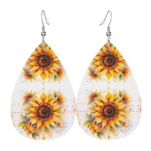 Gelbe Sonnenblume in Öl tropfenförmige Leder-Ohrringe, Kleidungsdekoration, geeignet für Festivalpartys, Feiertage und den Alltag von Qwvbn