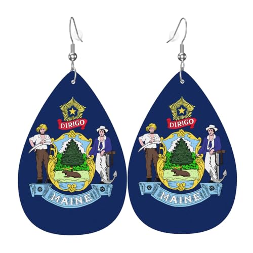 Maine State Flag Teardrop Shaped Leder Ohrringe Kleidung Dekoration, geeignet für Festival Party, Urlaub und Alltag von Qwvbn
