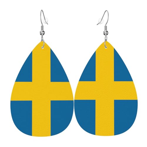 Ohrringe aus Leder in Tropfenform mit schwedischer Flagge, Kleidungsdekoration, geeignet für Festivalpartys, Feiertage und das tägliche Leben von Qwvbn