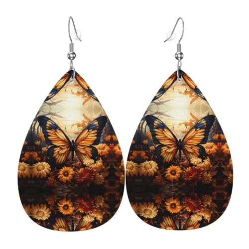 Orange Gelb Schmetterling Feld Blumen Tropfenförmige Leder Ohrringe Kleidung Dekoration, geeignet für Festival Party, Urlaub und Alltag von Qwvbn