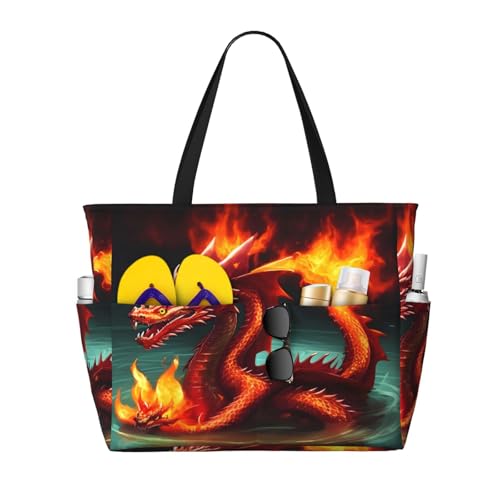 QWVBN Dragon King in Fire Beach Reisetasche, leicht und wiederverwendbar, geeignet für Familienausflüge, Fitnessstudio und Outdoor-Abenteuer. von Qwvbn
