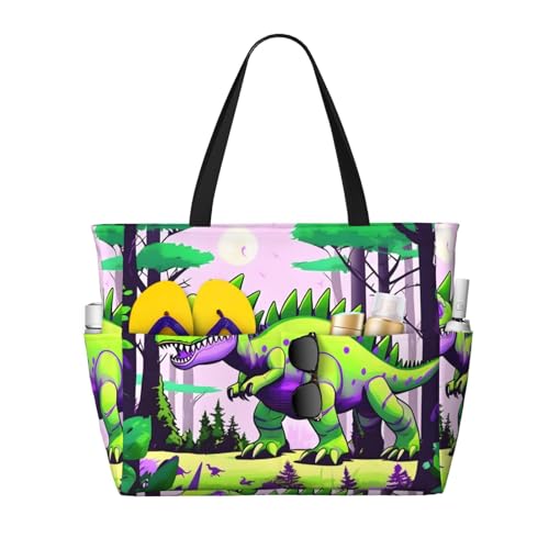 QWVBN Grüne Dinosaurier-Strand-Reisetasche, leicht und wiederverwendbar, geeignet für Familienausflüge, Fitnessstudio und Outdoor-Abenteuer. von Qwvbn