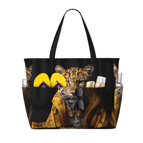 QWVBN Leopard in einer Lederjacke Strand-Reisetasche, leicht und wiederverwendbar, geeignet für Familienausflüge, Fitnessstudio und Outdoor-Abenteuer. von Qwvbn