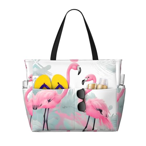 QWVBN Pink Flamingo Beach Reisetasche, leicht und wiederverwendbar, geeignet für Familienausflüge, Fitnessstudio und Outdoor-Abenteuer. von Qwvbn