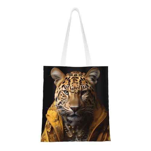 Qwvbn Die Leinentaschen mit Leopardenmuster in einer Lederjacke sind wiederverwendbar und geeignet zum Einkaufen, zur Schule, zur Arbeit usw. von Qwvbn