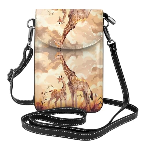 Qwvbn Giraffe Mutter und Kind Leder Crossbody Klappe Handytasche weich und wasserdicht, kann als Brieftasche verwendet werden, mit einem abnehmbaren Schultergurt. von Qwvbn
