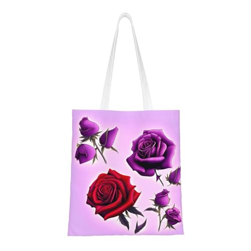 Qwvbn Rote und violette Rosen aus Segeltuch sind wiederverwendbar und geeignet zum Einkaufen, zur Schule, zur Arbeit usw. von Qwvbn