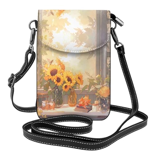 Qwvbn Sonnenblumen unter der Fensterbank, Leder-Umhängetasche, weich und wasserdicht, kann als Geldbörse verwendet werden, mit abnehmbarem Schultergurt. von Qwvbn