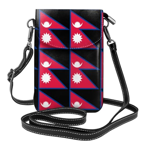 Qwvbn Umhängetasche aus Leder mit Flagge von Nepal, weich und wasserdicht, kann als Geldbörse verwendet werden, mit abnehmbarem Schultergurt. von Qwvbn