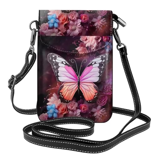 Qwvbn Umhängetasche aus Leder mit Schmetterlings- und Blumenmotiv, weich und wasserdicht, kann als Geldbörse verwendet werden, mit abnehmbarem Schultergurt. von Qwvbn
