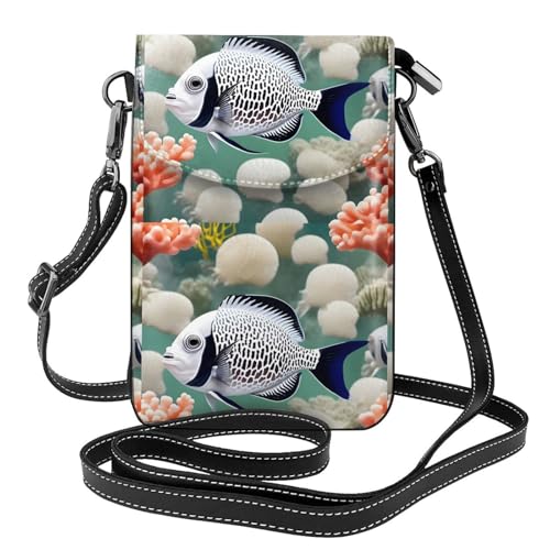 Qwvbn Weiße Tropische Fisch-Leder-Umhängetasche, weich und wasserdicht, kann als Brieftasche verwendet werden, mit abnehmbarem Schultergurt. von Qwvbn