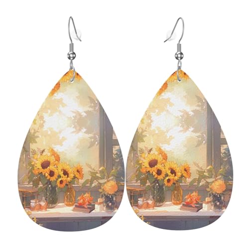 Sonnenblumen unter der Fensterbank, tropfenförmige Lederohrringe, Kleidungsdekoration, geeignet für Festivalpartys, Feiertage und das tägliche Leben von Qwvbn