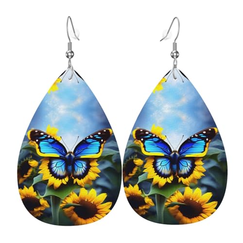 Sunflower Blue Butterfly Teardrop-shaped leather earrings, clothing decoration, suitable for festival parties, holidays and daily life von Qwvbn