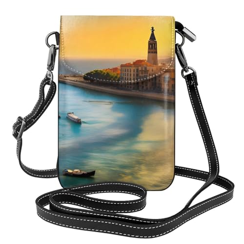 Sunset in Barcelona Leder-Umhängetasche, weich und wasserdicht, kann als Geldbörse verwendet werden, mit abnehmbarem Schultergurt. von Qwvbn