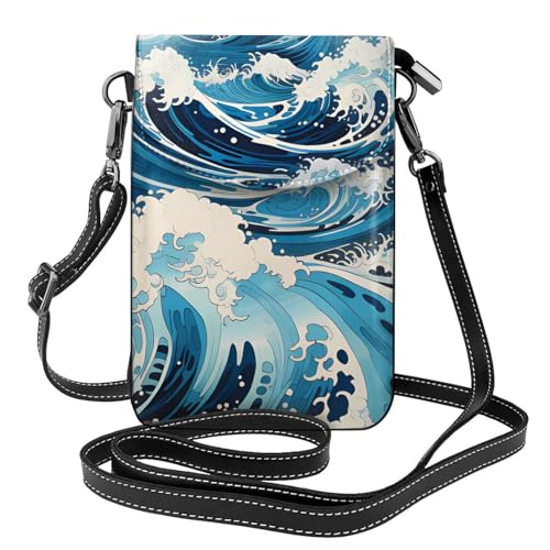 Ukiyo-e Stil Wellen Leder Crossbody Klappe Handytasche weich und wasserdicht, kann als Brieftasche verwendet werden, mit einem abnehmbaren Schultergurt. von Qwvbn