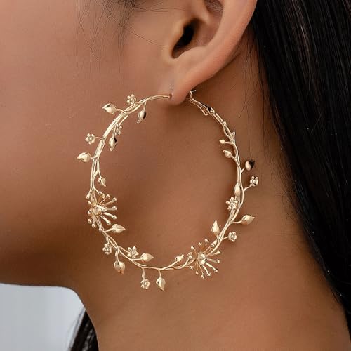 Goldfarbene Ohrringe for Frauen, Blumen- und Zweig-Sommer-inspirierter Schmuck, große Creolen for Mädchen von Qxmiguel