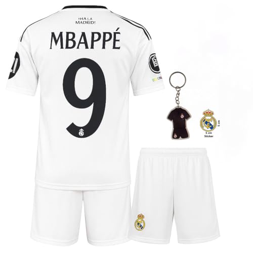 Qycksouth Mbappé #9 Trikot für Kinder Set 2024 – Weißes Fan Design mit Shorts & zufälligem Schlüsselanhänger – Trikot Kinder – Jugendgrößen 152 von Qycksouth
