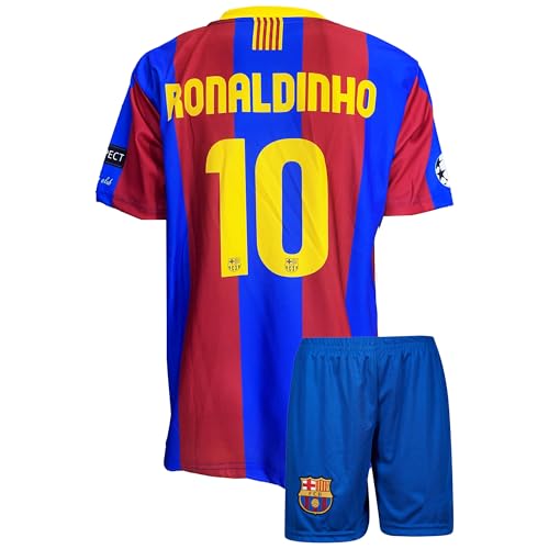 Qycksouth Ronaldinho Nr.10 Nostalgie Barcelona Trikot Set für Kinder – Fußball Trikot mit Shorts – Fan Edition Design – 140 von Qycksouth
