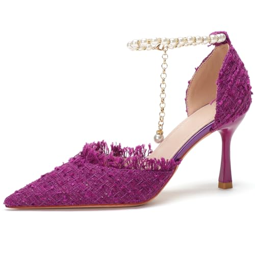 Pumps Damen Spitze Strass Perlenband Atmungsaktive Baumwolle Peep-Toe Stiletto Brautschuhe Sandalen für Sommer Cocktailparty Elegant,Lila,41 EU von Qynthra